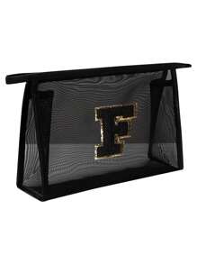 1个黑色网袋，大容量带黑色姓名首字母，毛巾刺绣字母A-Z，透明网状化妆品收纳袋，多功能旅行便携包，口红护肤品收纳洗漱化妆包，学生文具袋，网状拉链袋，旅行化妆品包装收纳袋，简约高档，配饰收纳，适用于宿舍收纳，旅行，出差，游泳，居家收纳 - 黑色 - 查看 33