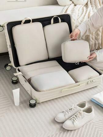 FUDEAM 6pcs Beige Soft Polyamides Portable Travel Compression Storage Luggage Bag Set - Organize Your Clothing, Shoes, Socks, And Underwear With Ease - Perfect For Luggage And Suitcase Packing Slogan Graphic Travel Storage Bag Portable With Shoe Toiletry And Laundry Bags School Supplies School Stuff For School For College Dorm Room Decor Bedroom Decor Dorm Essentials For Student Teacher Waterproof Luggage Suitcase Organizer & Travel Accessories Back To School Supplies