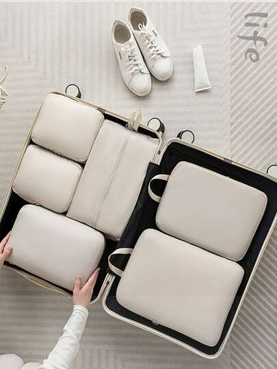 FUDEAM 6 шт. Набір портативних компресійних сумок для зберігання багажу з бежевого м'якого поліаміду - Легко організуйте свій одяг, взуття, шкарпетки та спідню білизну - Ідеально підходить для пакування багажу та валізи, портативна сумка для зберігання з графічним слоганом, сумка для взуття, туалетні приналежності та сумки для білизни, шкільне приладдя, шкільні речі для школи, декор кімнати в гуртожитку коледжу, декор спальні, предмети першої необхідності для гуртожитку студента-вчителя, водонепроникний органайзер для багажу, валізи та аксесуари для подорожей, шкільне приладдя