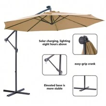 10FT Patio Umbrella, Outdoor Offset Umbrella With Cross Base And Crank, Cantilever Umbrella With Solar Lights, Hanging Market Umbrella With Sturdy 8 Rids For Pool, Deck, Backyard, Porch - Camel - View 5