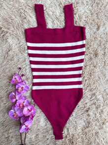 Striped Modal Bodysuit New Women's Fashion Collection - 玫瑰紅 - 查看 2