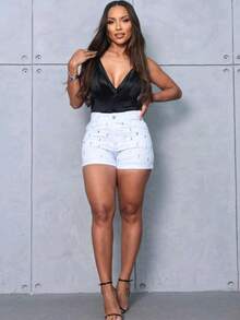 White Women's Jeans Shorts With Glitter And Rhinestone Applications - trắng - Xem 4