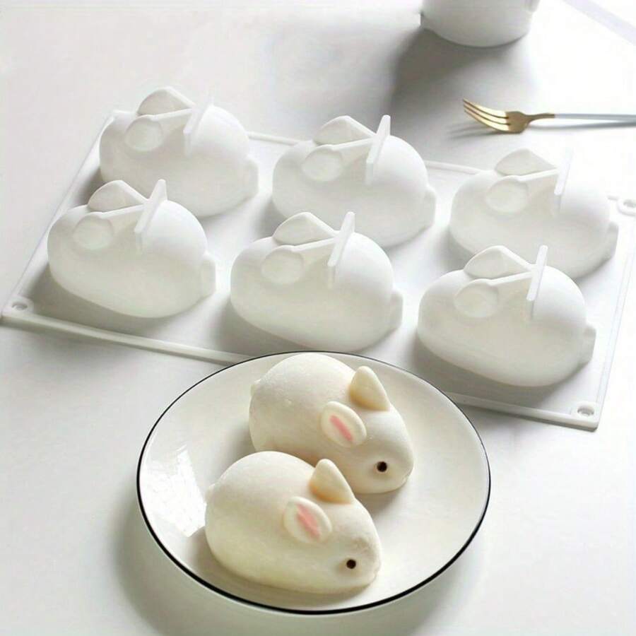 1 pieza Molde de silicona en forma de conejo de Pascua con 2/6 cavidades - Perfecto para hacer jabón, hornear pasteles y proyectos DIY - Blanco - Ver 1