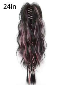 渐变粉色高马尾辫拳击手辫子合成接发，具有水波纹理和彩色夹子