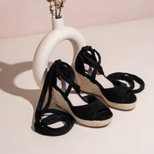 Comfyshoes Women's Rome Open Toe Espadrilles Platform Wedge Sandals - màu đen - Xem 4