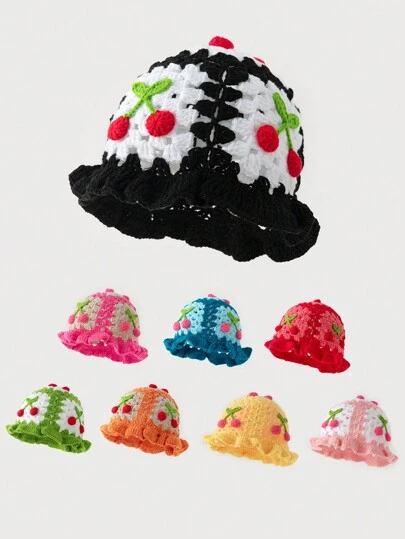 1pc Hand-Knitted Cherry Knitted Bucket Hat, Fashionable And Warm For Women In Autumn/Winter Halloween Valentine's Day Valentines