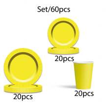 Set/60pcs Yellow Disposable Party Tableware, Includes 9" Paper Plates, 7" Plates, 9oz/250ml Cold Drink Cups. Ideal For Birthday Parties, Outdoor Gatherings, BBQ. Perfect For Christmas, New Year, Valentine's Day Parties. - Multicolor - View 5
