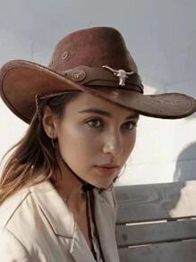 1 pièce Chapeau de soleil avec ceinture et décoration à rivets, casquette de jazz unisexe pour les activités de plein air au printemps, en été et en automne. Chapeau à large bord et style de cow-boy occidental