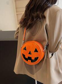 万圣节南瓜形状单肩包，独特斜挎撞色女士手提包，节日南瓜背包，万圣节包包，非常适合化装派对、万圣节时尚和哥特式时尚 - 亮橙色 - 查看 1