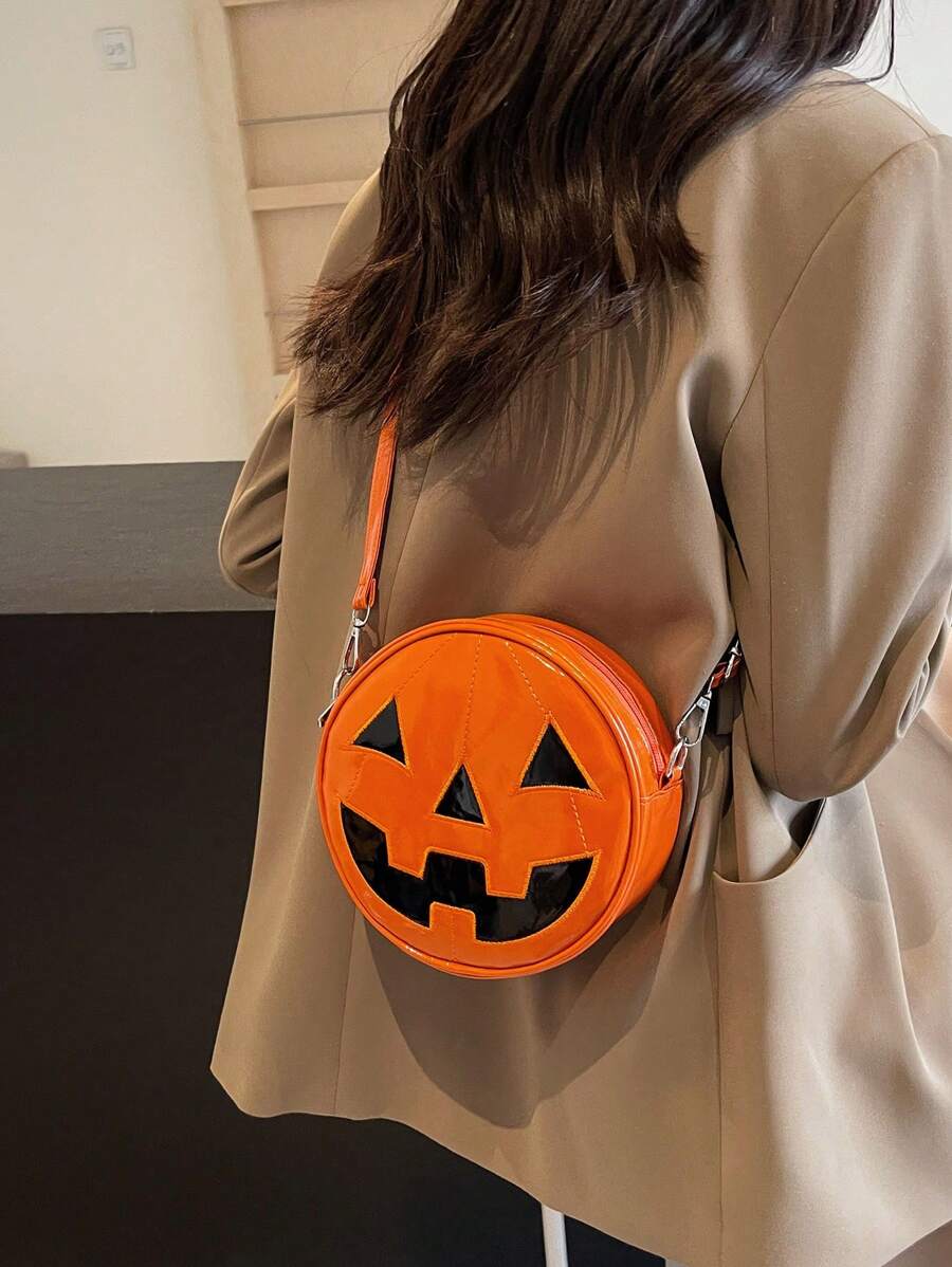 万圣节南瓜形状单肩包，独特斜挎撞色女士手提包，节日南瓜背包，万圣节包包，非常适合化装派对、万圣节时尚和哥特式时尚 - 亮橙色 - 查看 1