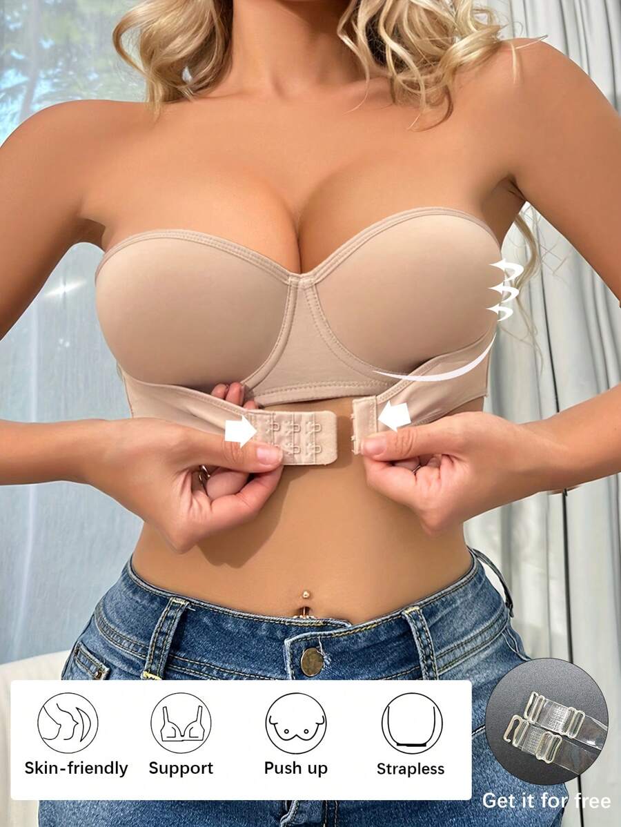 Peach Girl 女士钢圈聚拢无肩带文胸，配有可拆卸肩带，隐形半罩杯文胸 - 米色 - 查看 1
