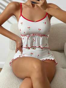 Conjunto de Pijama Feminino com Estampa de Cereja Branca e Babado na Borda