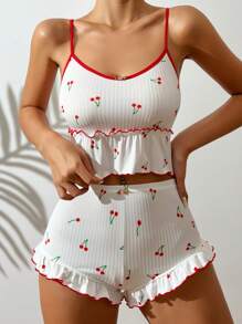 Conjunto de Pijama Feminino com Estampa de Cereja Branca e Babado na Borda