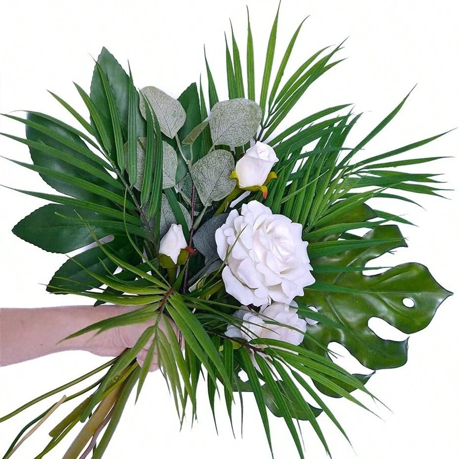 1 szt./7 szt./14 szt. Sztuczne liście palmowe wiszące na ścianie winorośli Fałszywe plastikowe liście do dekoracji ślubnych, bukiet ślubny, samochód ślubny, wystrój łuku, dom, restauracja, sypialnia, dekoracja wazonu, przyjęcie urodzinowe, prezent świąteczny - Zielony - Zobacz 1