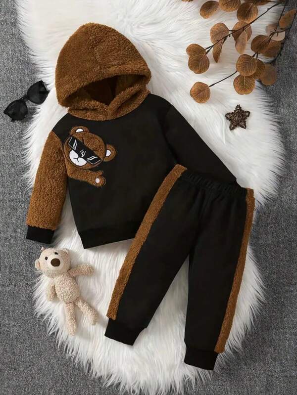 2 piezas/Set Conjunto de ropa para niño bebé con sudadera con bordado de oso lindo de peluche y pantalones patchwork