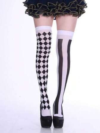 1 Pair Magician, Queen Of Hearts, Clown Yin Yang Striped Thigh High Socks For Christmas COSPLAY, Cozy Socks
