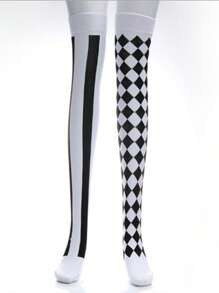 1双魔术师、红心皇后、小丑阴阳条纹过膝袜，适合圣诞节角色扮演，舒适袜子 - 黑與白 - 查看 4