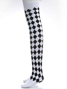 1双魔术师、红心皇后、小丑阴阳条纹过膝袜，适合圣诞节角色扮演，舒适袜子 - 黑與白 - 查看 2