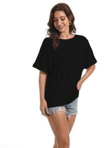 Women Oversized T-Shirt Loose Fit Workout Tops Short Sleeve Gym Basic Tee Shirt - 黑色 - 查看 2
