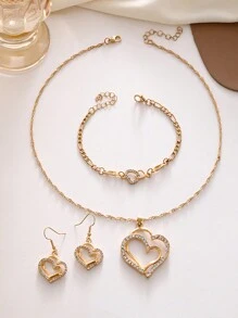 4pcs Set Delicate Double Heart Necklace, Earrings, Bracelet & Jewelry Set, Fashionable Bridal Accessories, Romantic Mother's Day Gift