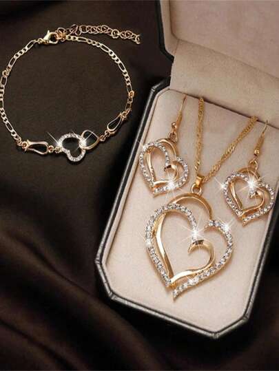 Conjunto de 4 peças de colar delicado de coração duplo, brincos, pulseira e conjunto de joias, acessórios de noiva da moda, presente romântico para o dia das mães