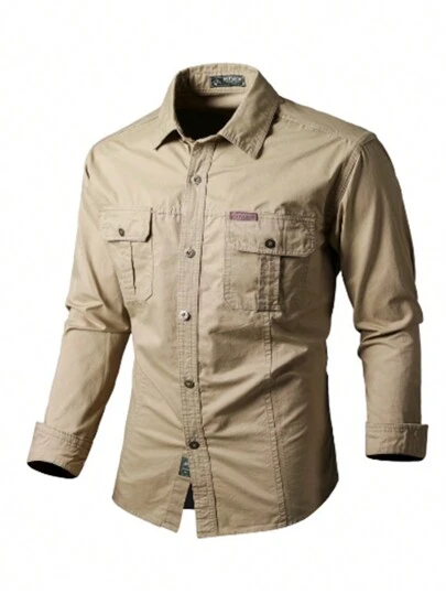 Men's Slim Fit Outdoor Long Sleeve Shirt, Spring Autumn Casual Multi-Pocket Workwear Jacket, Goes Well With Jeans, Fall