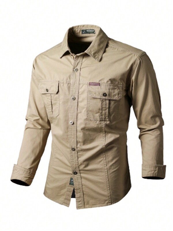 Camisa de manga larga slim fit para hombre para exteriores, chaqueta casual de trabajo de bolsillos múltiples para primavera y otoño, combina bien con jeans