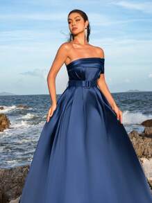 Faeriesty One Shoulder Back Lace Up Buckle Belted Satin Prom Dress, Elegant Formal Evening Gown, For Wedding Guest, Graduation, Dinner