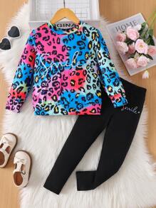 年轻女孩 2 件时尚彩色图案印花“SMILE”长袖上衣和裤子套装 - 彩色 - 查看 1