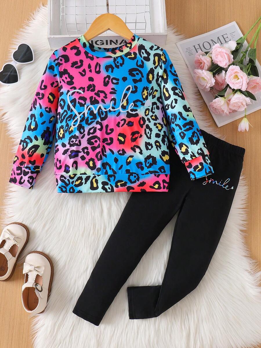 年轻女孩 2 件时尚彩色图案印花“SMILE”长袖上衣和裤子套装 - 彩色 - 查看 1