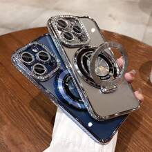 苹果 1 件时尚水钻手机壳带闪光镜头保护膜和 Magsafe 环支架适用于 iPhone 16 15 14 13 12 11 Pro Max 防震手机壳手机保护套 - 銀色 - 查看 5