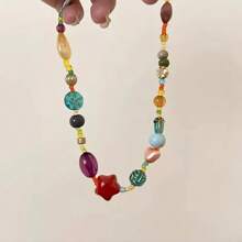 1 pieza Collar con cuentas de vidrio de arroz, estrella de cerámica y acrílico de diseño encantador y colorido - Collar gargantilla elegante para mujer, adecuado para viajes, uso diario y regalo de cumpleaños