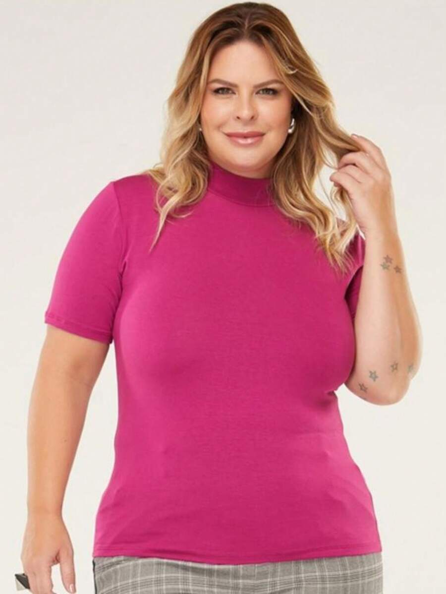 Women's Basic V-Neck Blouse Plus Size Short Sleeve, Casual, T-Shirt, One Size Fits Between 48 And 54, Smooth Viscolycra Fabric, Simple, Versatile, Affordable, Comfortable, Large Size, Special, Daily Use, Warmth, Fresh, Light, Elegant, Summer - Màu Hoa hồng đỏ - Xem 1