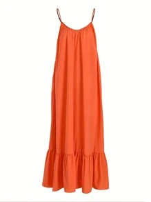 Vestido largo con cuello en V sin mangas, con volantes en el bajo y bolsillos