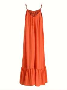 Vestido largo con cuello en V sin mangas, con volantes en el bajo y bolsillos