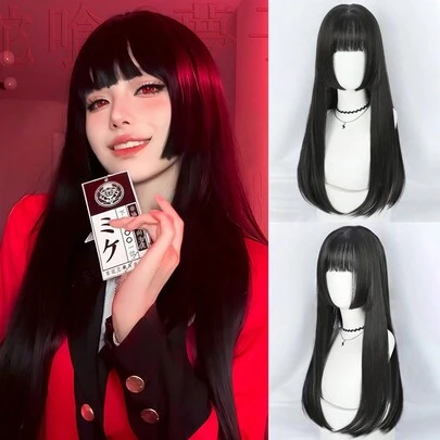 自然长直黑色合成假发，带刘海，洛丽塔角色扮演假发，女士耐热纤维日常派对假发。