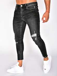 Men's Ripped Skinny Cropped Jeans - Dark Grey - View 1