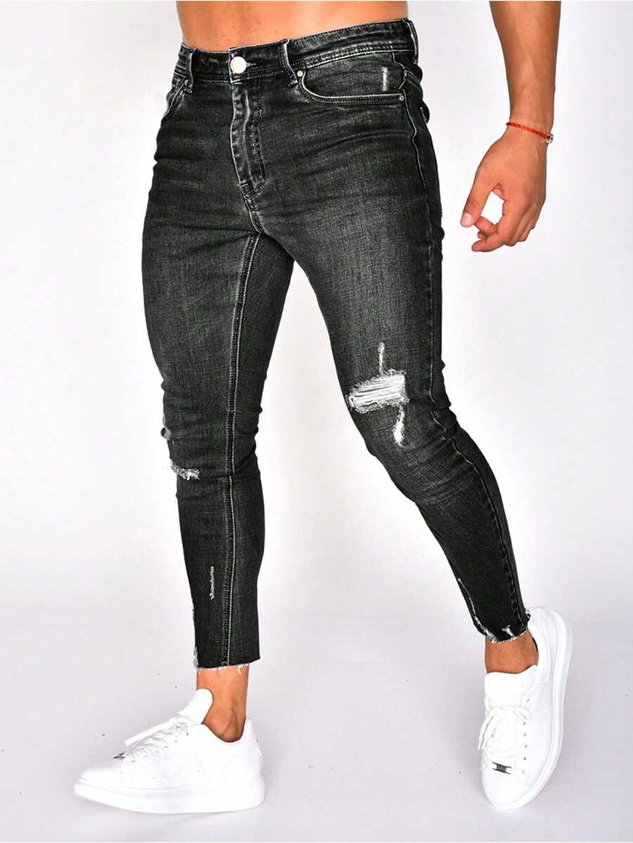Men's Ripped Skinny Cropped Jeans - Dark Grey - View 1