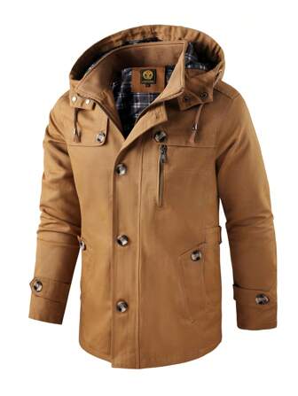 LEDUNTINO [Spring/Summer] Men's Fashion Button Casual Outdoor Jacket, Solid Cargo Style, Suitable As Husband/Boyfriend Gift, Men's Lightweight Windproof Windbreaker Jacket With Detachable Hood, Multi-Pocket, Spring/Autumn Jacket