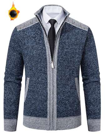 男士修身保暖内衬全拉链立领休闲针织开衫夹克，带口袋，保暖外套