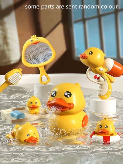 8 件套儿童洗澡玩具，夏季戏水玩具，小黄鸭淋浴配件，喷水玩具套装，适合男孩和女孩，18-24-36 个月，随机附赠颜色配件