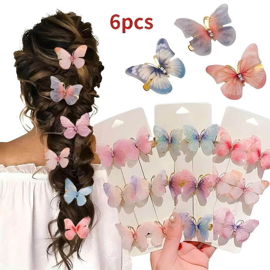6pcs Rhinestone Decorated Butterfly Hair Clips, Vintage Hair Accessories, Fashion Hair Clips Suitable For Women And Daily Use