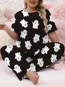 Plus Size Women Halloween Cute Casual 2-Piece Set, Ghost Print Short Sleeve Crew Neck Top And Pants/Pajama Pants Loungewear, Suitable For Spring, Summer, Autumn, Winter - Black and White - View 1