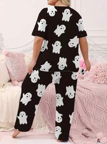 Plus Size Women Halloween Cute Casual 2-Piece Set, Ghost Print Short Sleeve Crew Neck Top And Pants/Pajama Pants Loungewear, Suitable For Spring, Summer, Autumn, Winter - Black and White - View 3