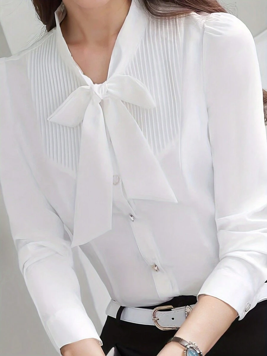 女士白色蝴蝶結西裝馬甲內衣襯衫，春秋長袖打底襯衫工作上衣