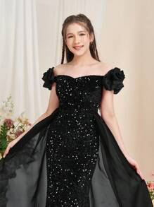 Teen Girl Elegant Off-Shoulder Mermaid Evening Gown With Ruffled Detailing & Flowing Organza Sheer Panels Formal Dresses For Graduation Proms