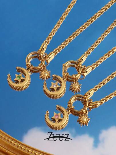 1件复古不锈钢月亮、星星、太阳吊坠项链，18K镀金星星、月亮、太阳链项链，女士首饰，闺蜜礼物