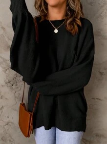 CILKOO Women's Solid Color Shoulder Pocket Patchwork Sweater - Black - View 5