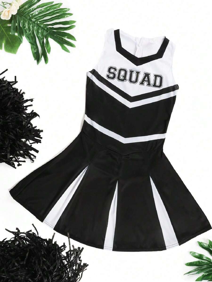I LOVE FANCY DRESS Ladies Cheerleader Costume With Matching Colour Pom Poms Pair Dress Adults Outfit Halloween Block Colour Cute Dress Cheerleader Uniform Sexy Sporty - Black - View 1