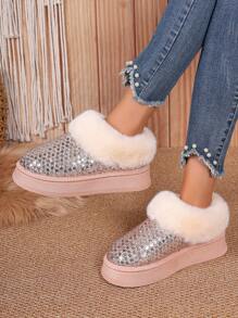 Women Snow Boots New Autumn Winter Fashion Versatile Short Boots Plush Lined Thick Warmth Slip-On Ankle Boots - Pink - View 1